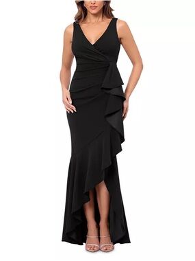 AQUA Formal Black Cascade Ruffle V-Neck Evening Gown Size 2 Black Tie Event